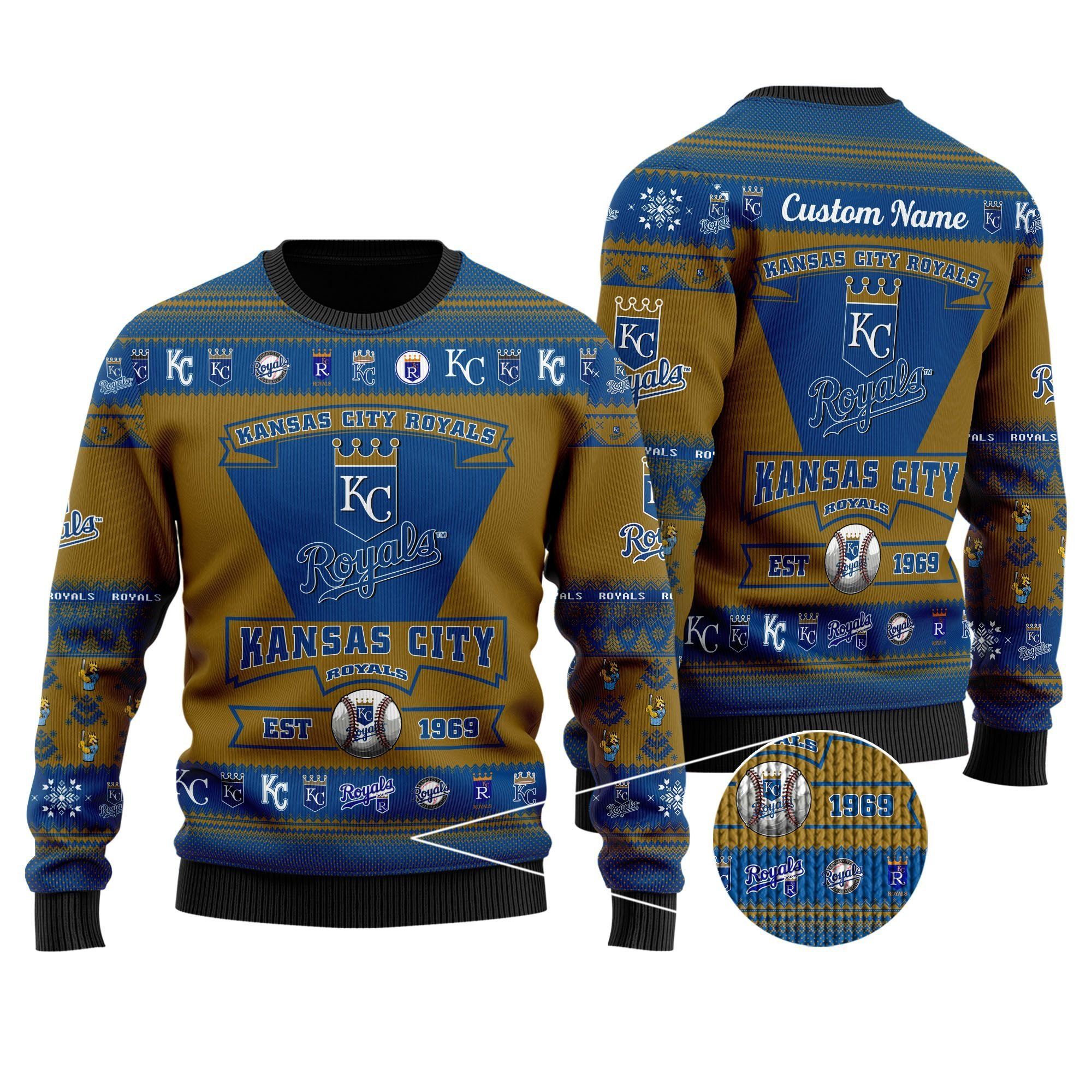 Kansas City Royals Football Team Logo Custom Name Personalized Ugly Christmas Sweater Holiday Party Men Women Plus Size