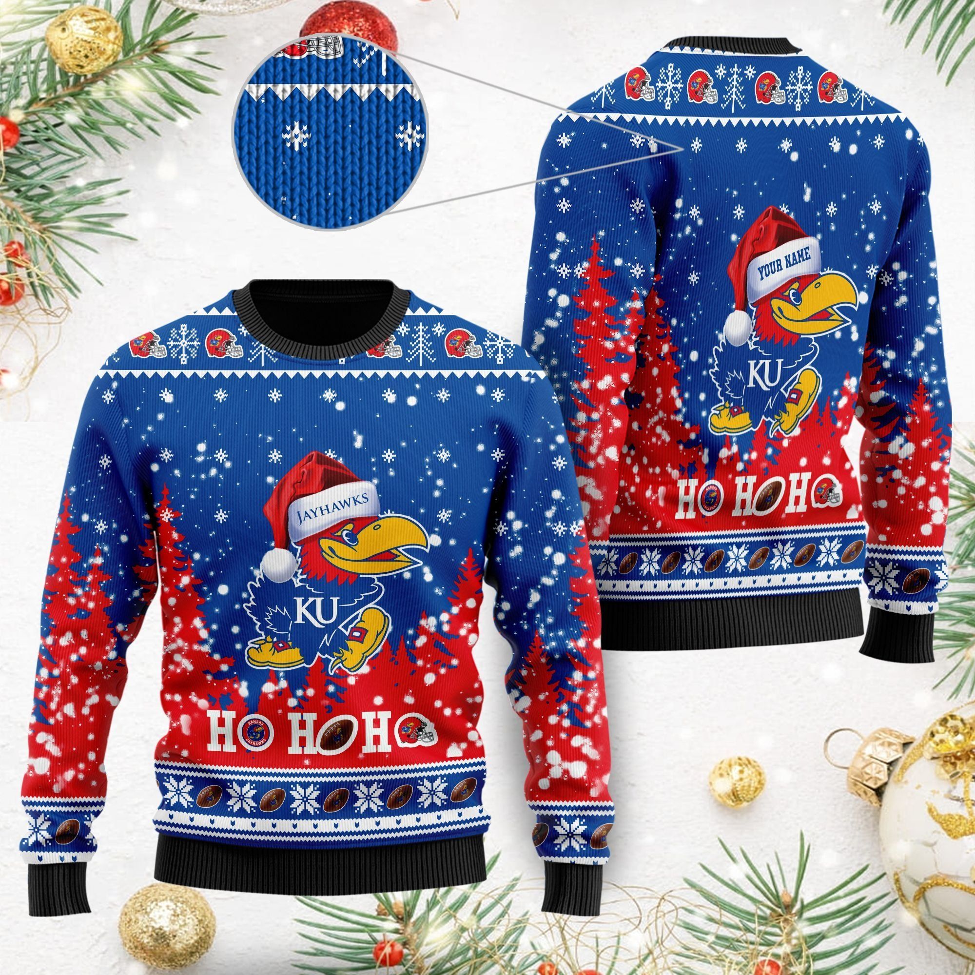 Kansas Jayhawks NCAA Symbol Wearing Santa Claus Hat Cute Pattern Ho Ho Ho Custom Personalized Ugly Christmas Sweater For Football Fans On Xmas Party