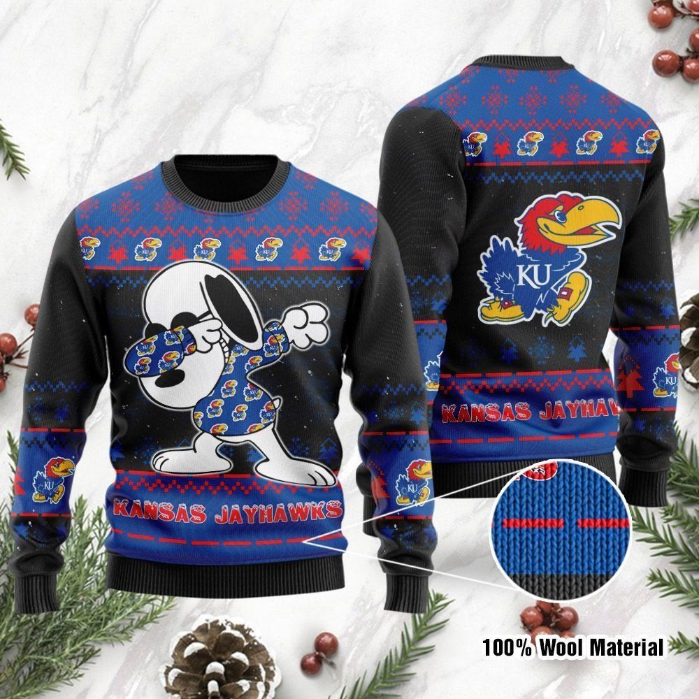 Kansas Jayhawks Snoopy Dabbing Ugly Christmas Sweater Holiday Party Men Women Full Plus Size
