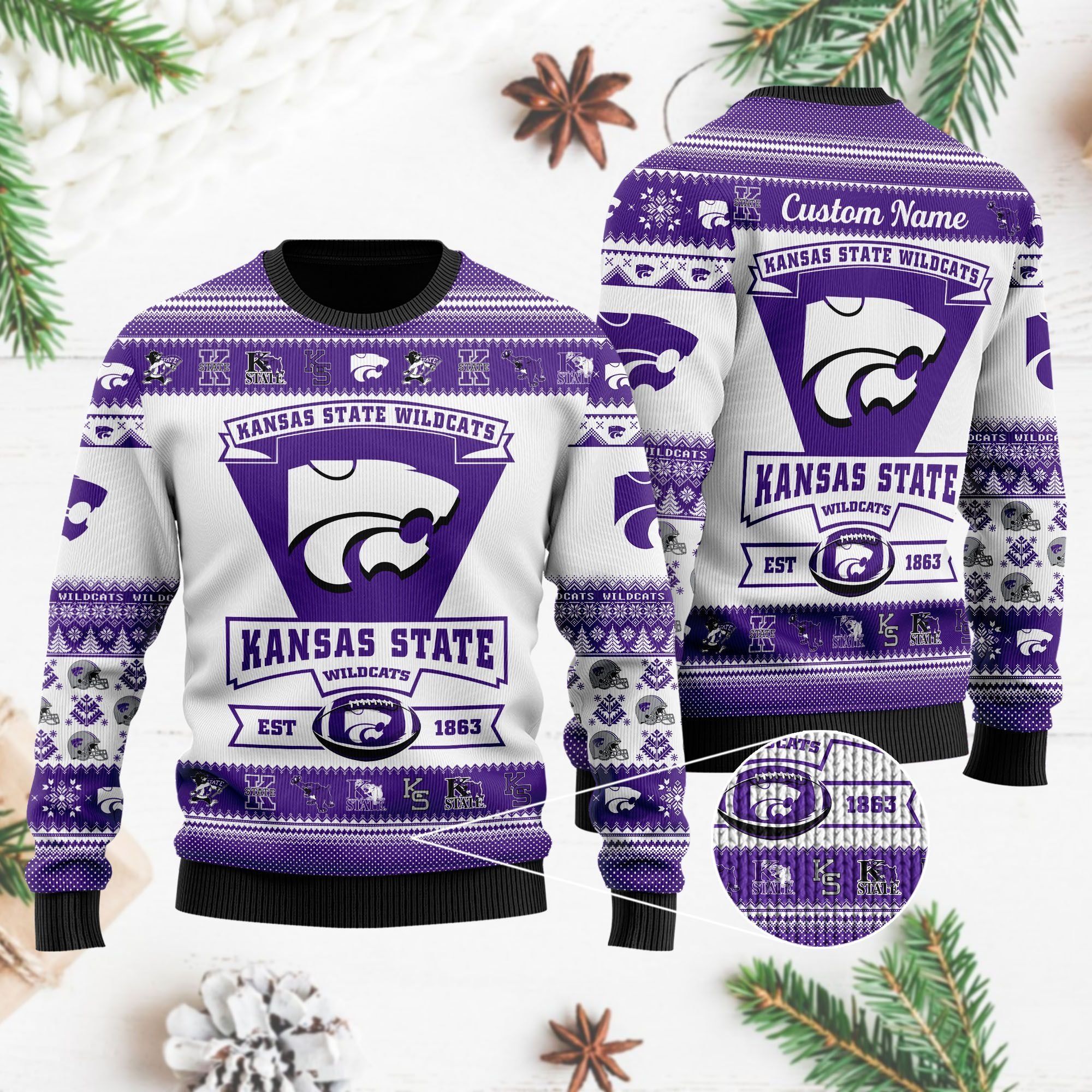 Kansas State Wildcats Football Team Logo Custom Name Personalized Ugly Christmas Sweater Holiday Party Men Women Plus Size