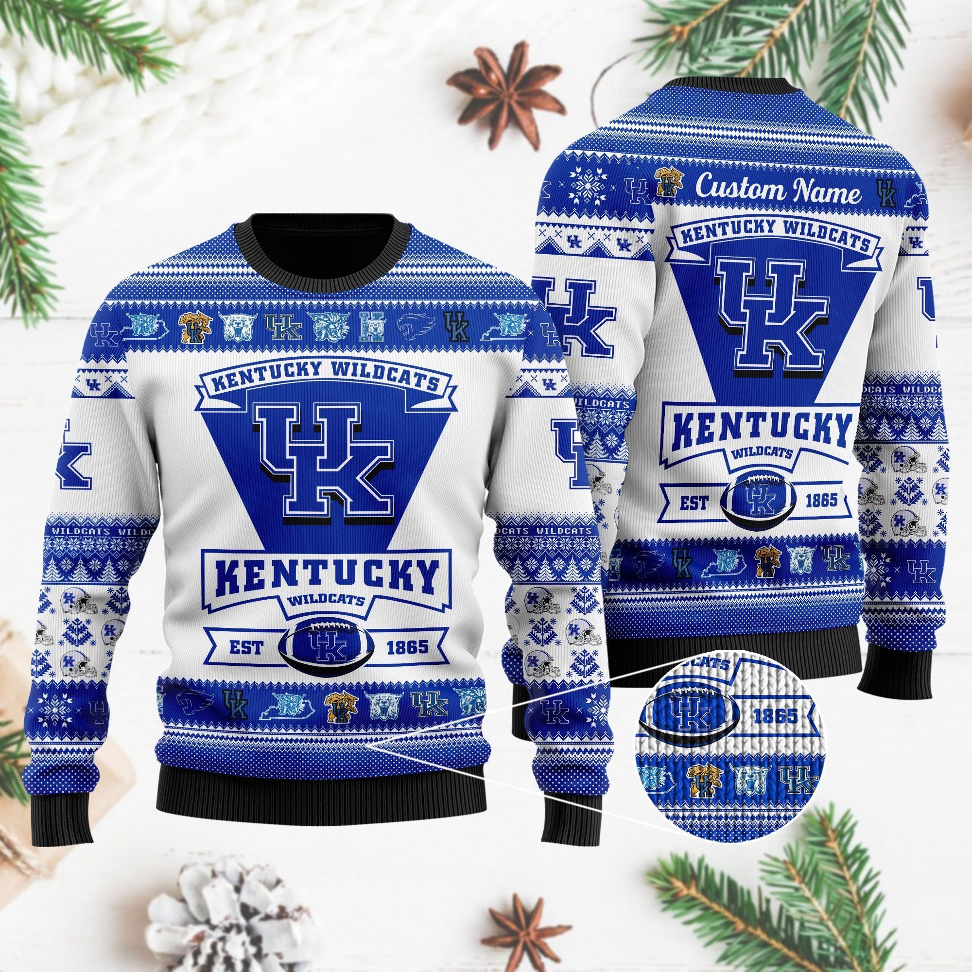 Kentucky Wildcats Football Team Logo Custom Name Personalized Ugly Christmas Sweater Holiday Party Men Women Plus Size