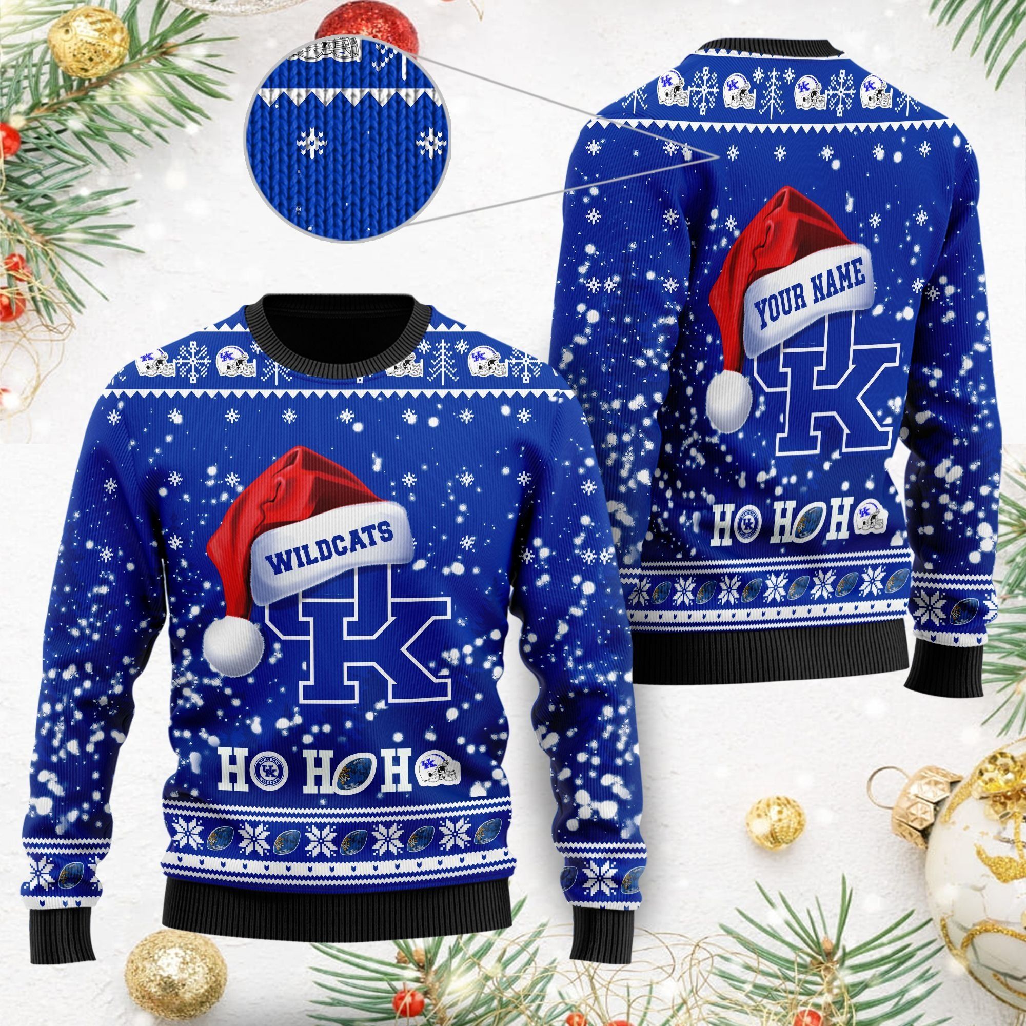 Kentucky Wildcats NCAA Symbol Wearing Santa Claus Hat Cute Pattern Ho Ho Ho Custom Personalized Ugly Christmas Sweater For Football Fans On Xmas Party
