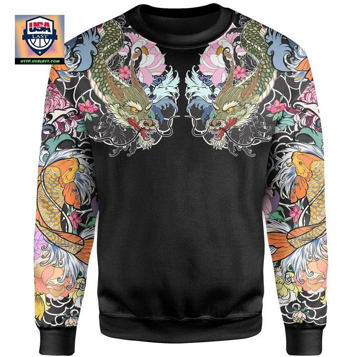 Koi Fish And Dragon Tattoo Style Sweater 