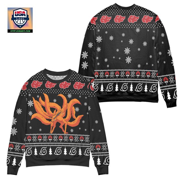 Kurama Naruto Akatsuki Logo Snowflake Ugly Christmas Sweater Black
