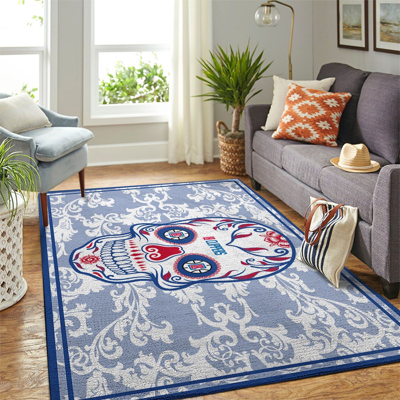 La Clippers Team Logo Skull Flower Rectangle Area Rug – Full Print Carpet For Living Room & Bedroom Home Decor
