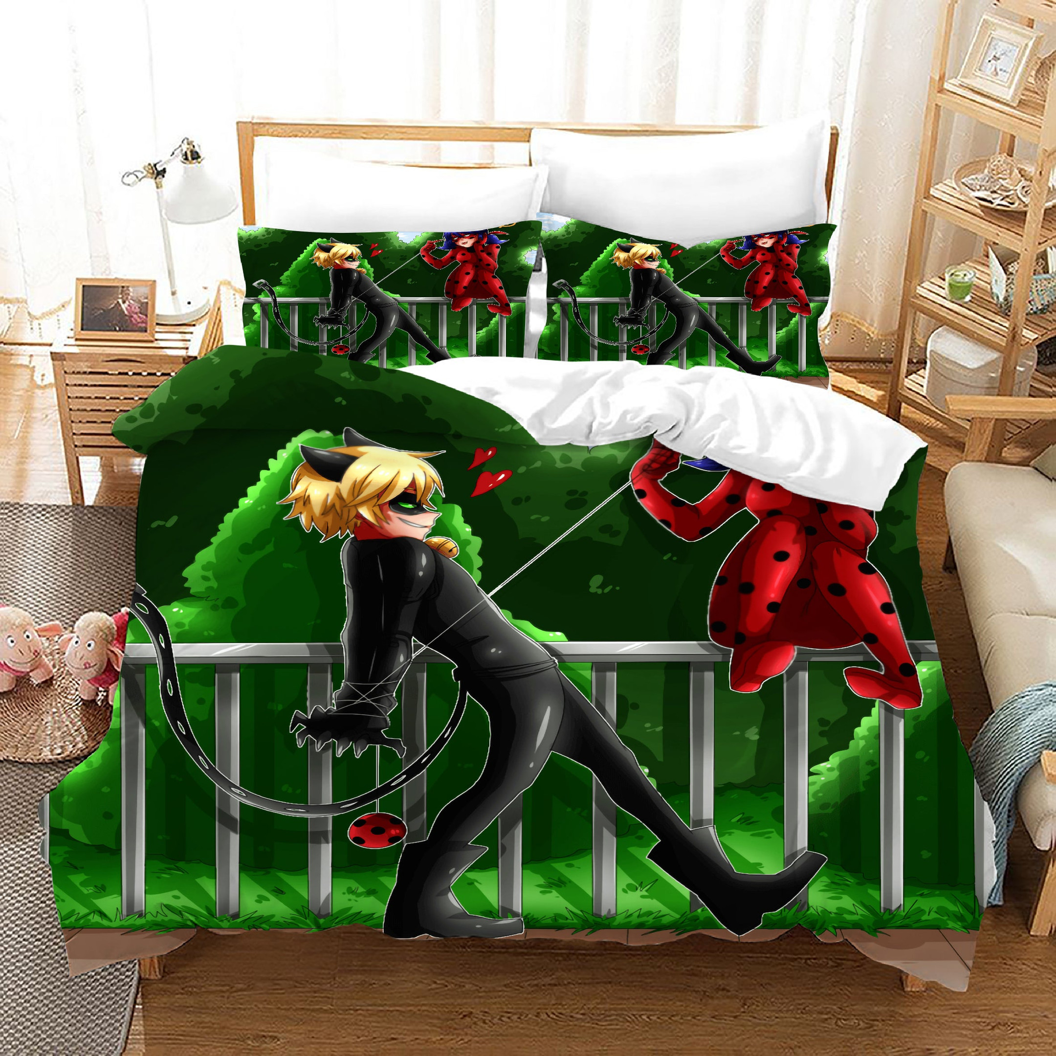 Ladybugs Cat Noir Duvet Cover Quilt Cover Pillowcase Bedding Set Bed Linen Home Bedroom Decor