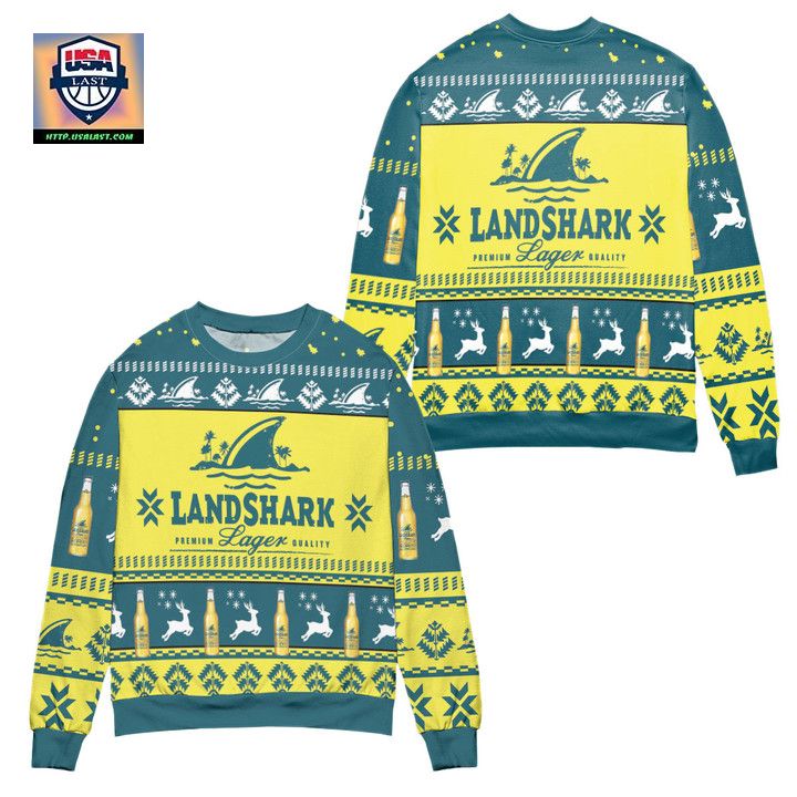 Landshark Lager Beer Logo Reindeer Pattern Ugly Christmas Sweater Yellow Blue