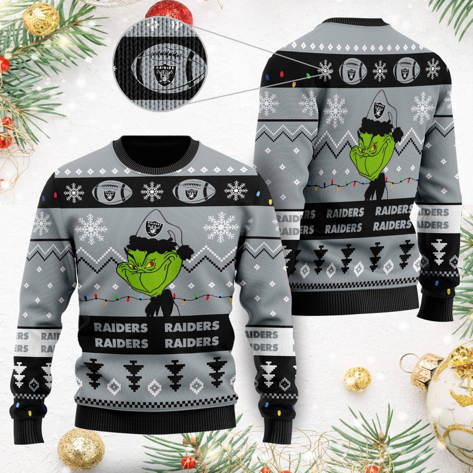 Las Vegas Raiders American NFL Football Team Logo Cute Grinch 3D Men And Women Ugly Christmas Sweater For Sport Lovers On Christmas Days