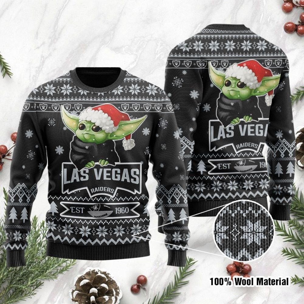 Las Vegas Raiders Cute Baby Yoda Grogu Holiday Party Ugly Christmas Sweater, Perfect Holiday Gift
