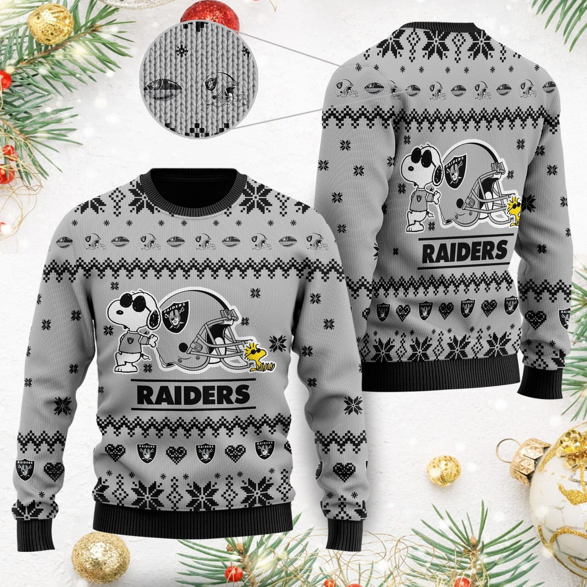 Las Vegas Raiders Cute The Snoopy Show Football Helmet 3D All Over Print Ugly Christmas Sweater For American Football Players And Fans On Christmas Days