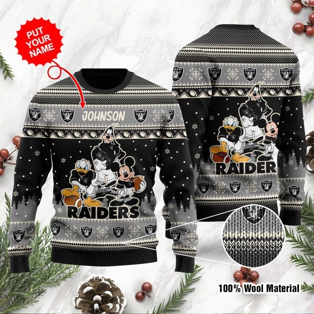 Las Vegas Raiders Disney Donald Duck Mickey Mouse Goofy Custom Name Personalized Ugly Christmas Sweater Holiday Party For Men Women