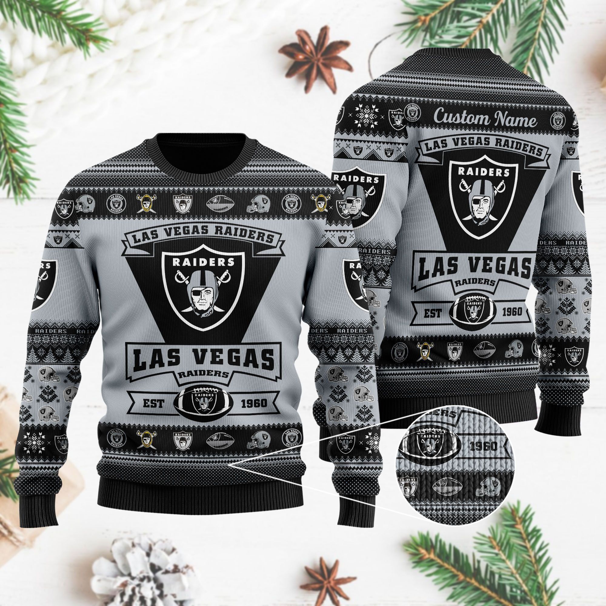 Las Vegas Raiders Football Team Logo Custom Name Personalized Ugly Christmas Sweater Holiday Party Men Women Plus Size