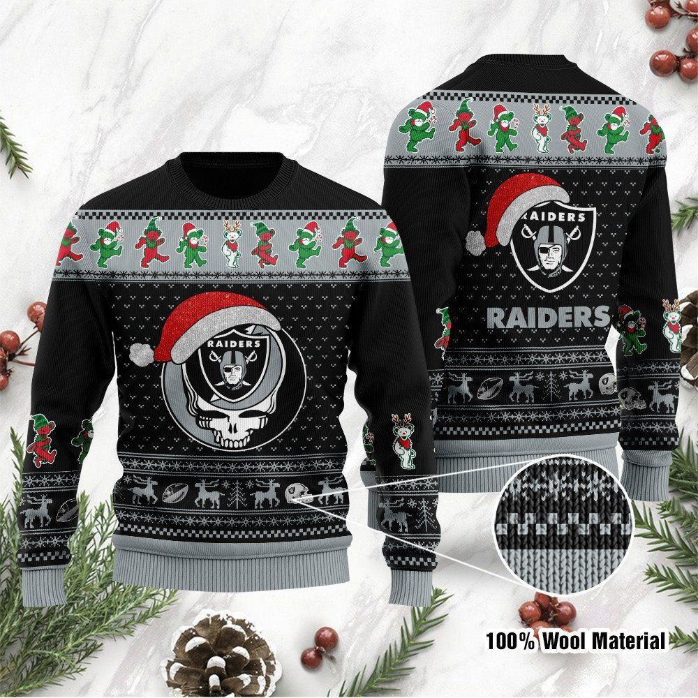 Las Vegas Raiders Grateful Dead SKull And Bears Custom Name Ugly Christmas Sweater NFL Football Christmas