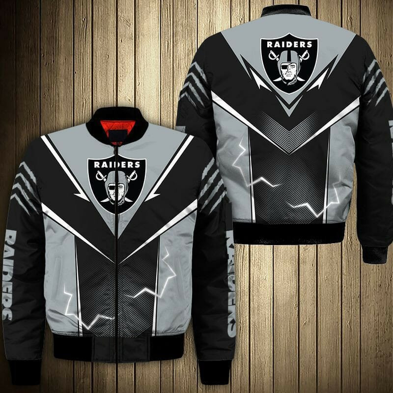 Las Vegas Raiders Lightning Black Grey Bomber Jacket | NFL Team Jacket for Men & Women | Football Fan Gift