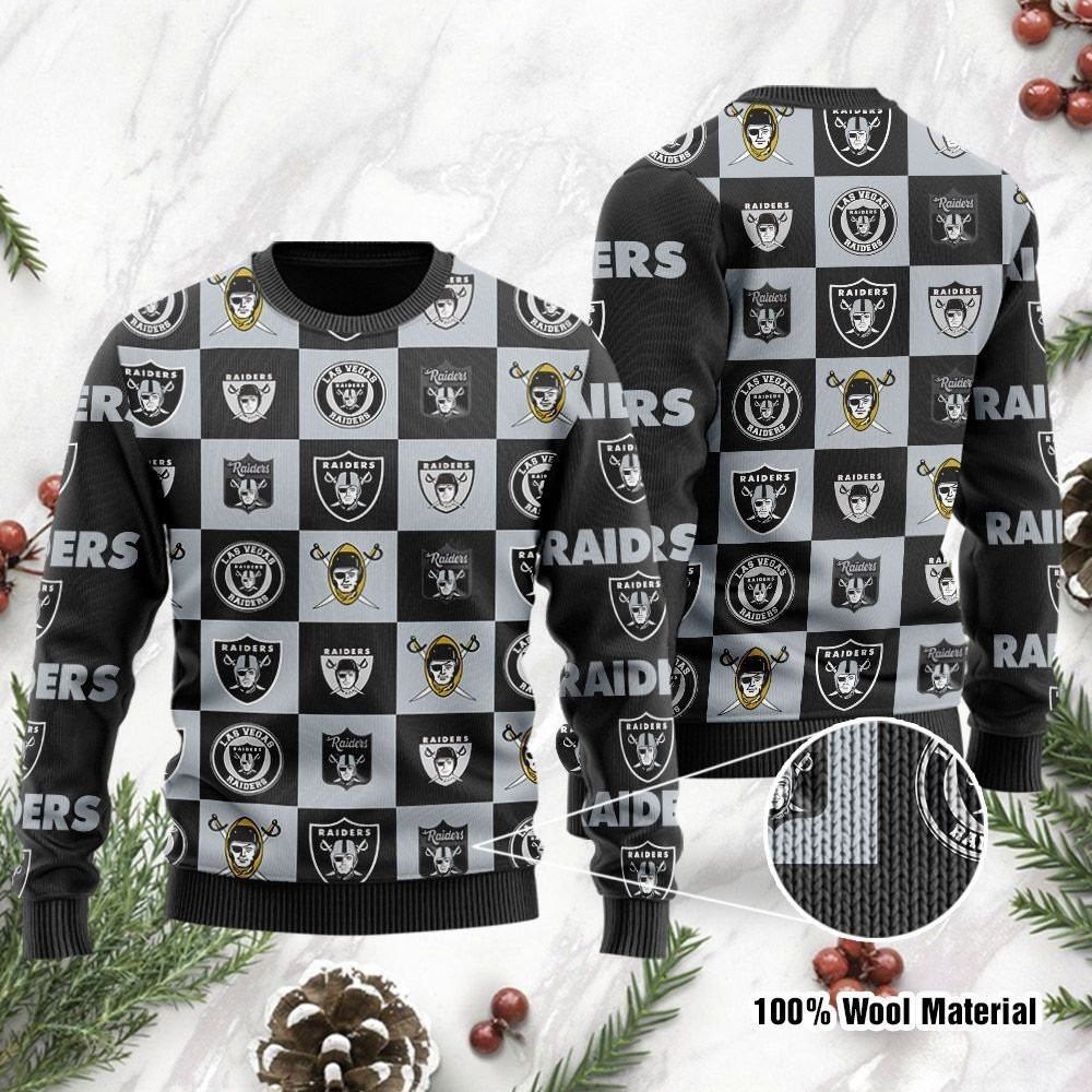 Las Vegas Raiders Logo Checkered Flannel Design Ugly Christmas Sweater, Perfect Holiday Gift