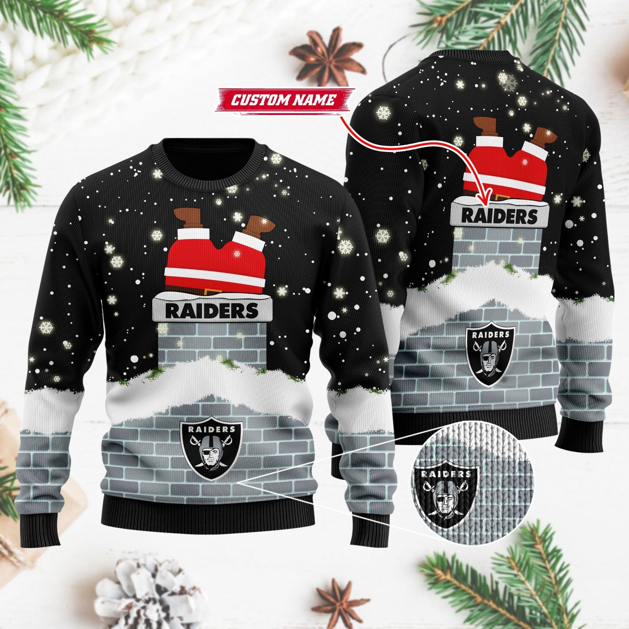 Las Vegas Raiders NFL Football Team Logo Symbol Santa Claus Custom Name Personalized 3D Ugly Christmas Sweater