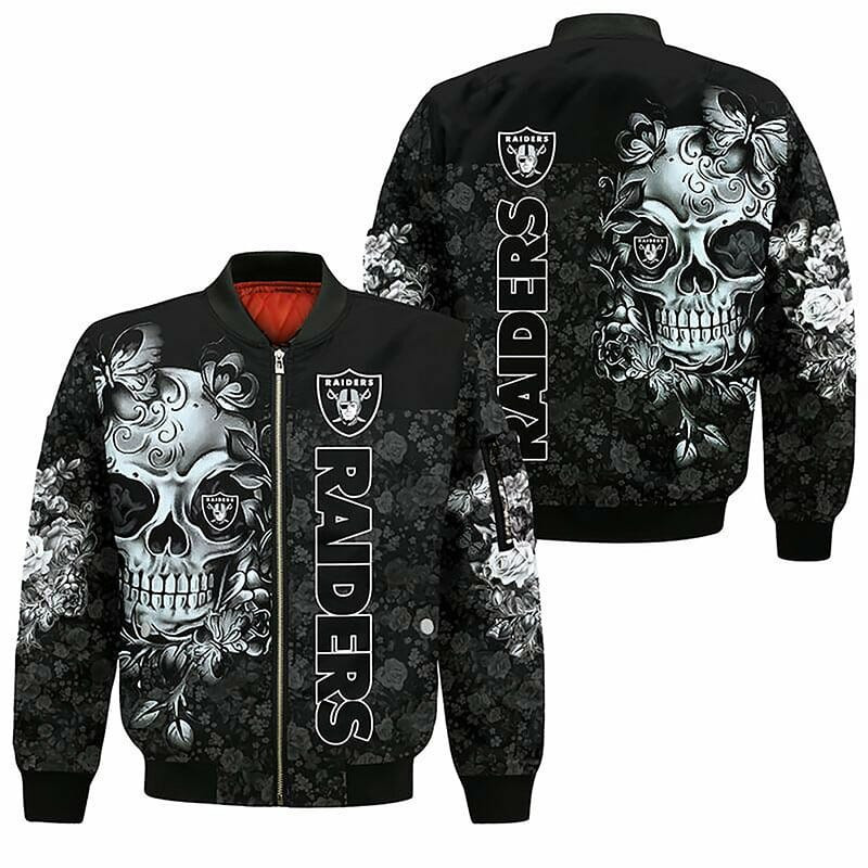 Las Vegas Raiders Silver Skull Black Bomber Jacket | NFL Team Jacket for Men & Women | Football Fan Gift
