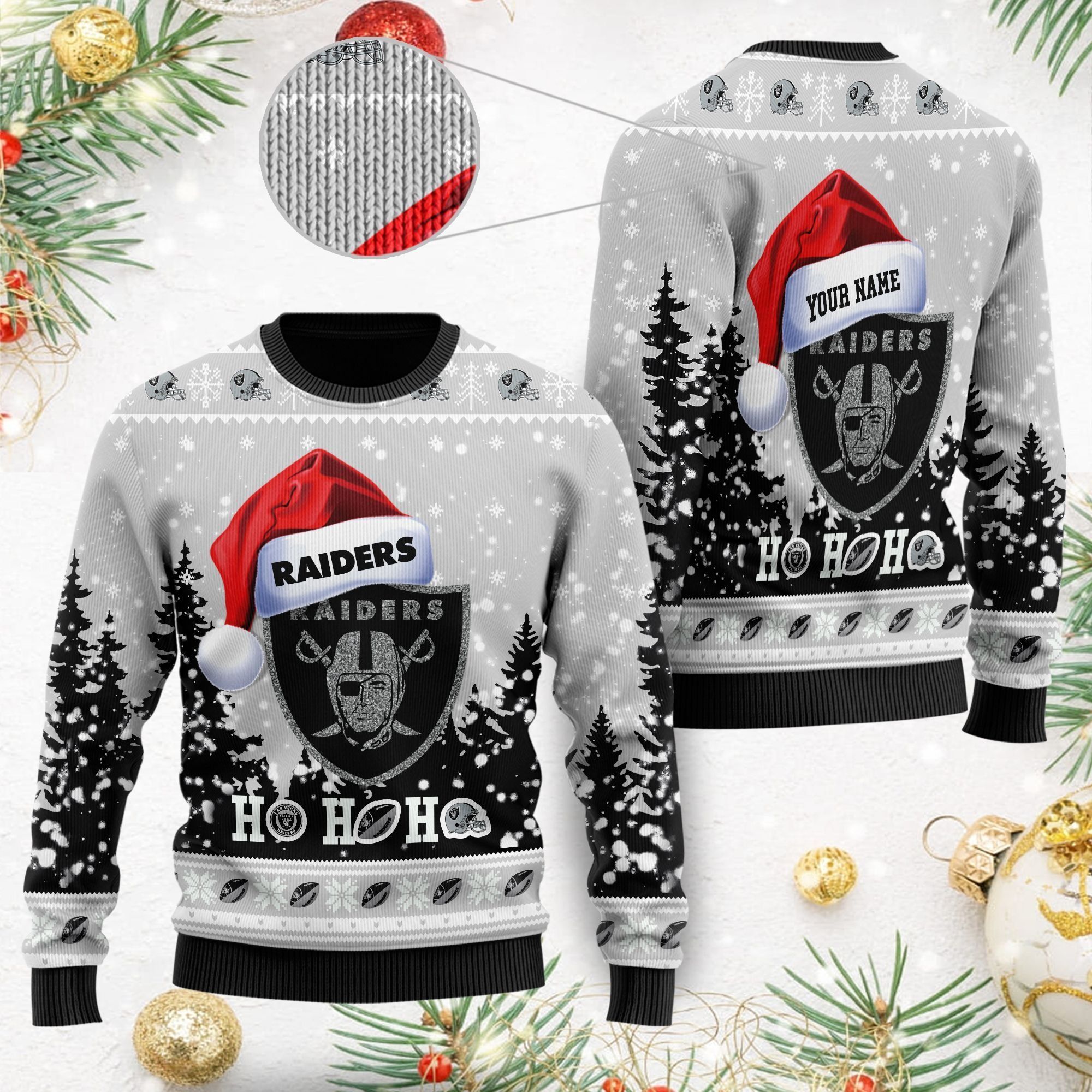 Las Vegas Raiders Symbol Wearing Santa Claus Hat Cute Pattern Ho Ho Ho Custom Personalized Ugly Christmas Sweater For Football Fans On Xmas Party