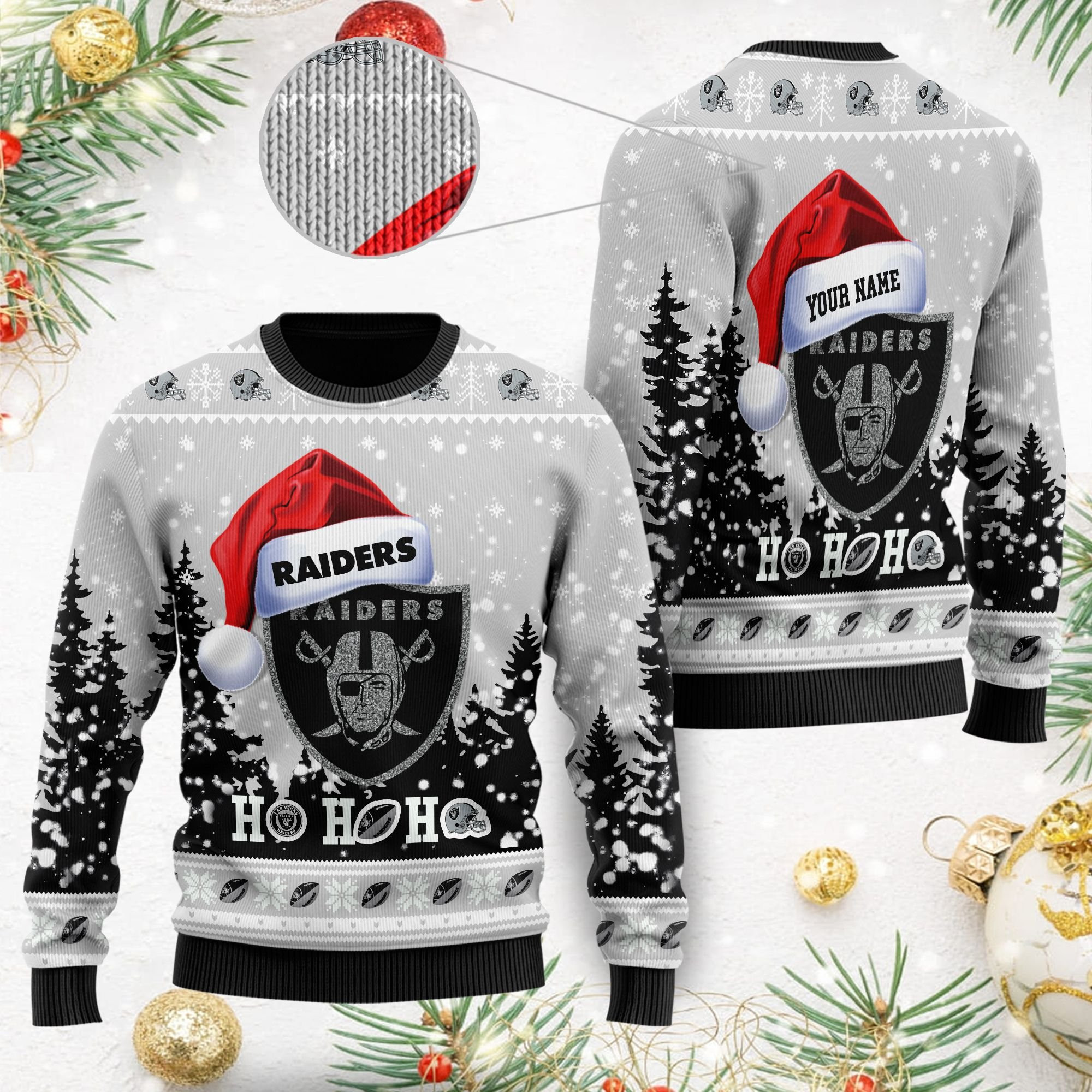 Las Vegas Raiders Symbol Wearing Santa Claus Hat Ho Ho Ho Custom Personalized Ugly Christmas Sweater Perfect Holiday Gift