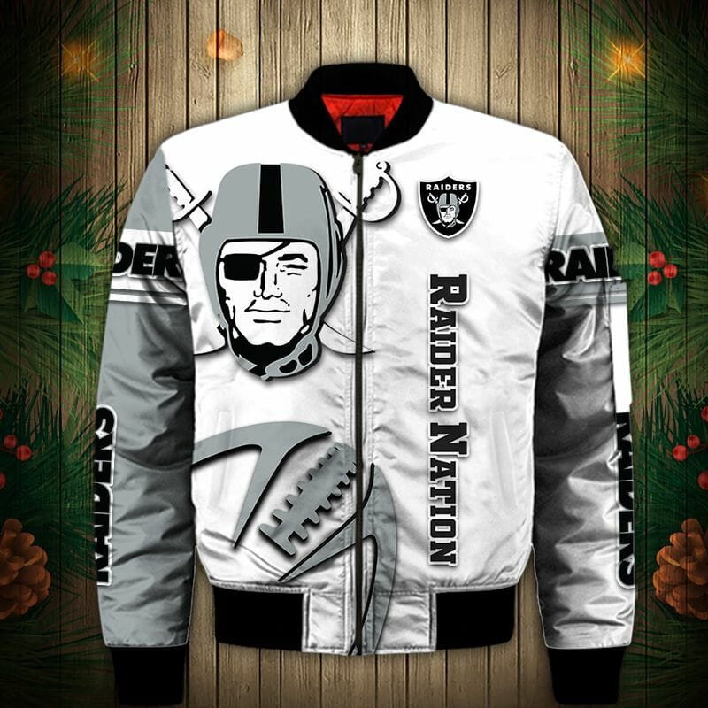 Las Vegas Raiders White Grey Bomber Jacket | NFL Team Jacket for Men & Women | Football Fan Gift