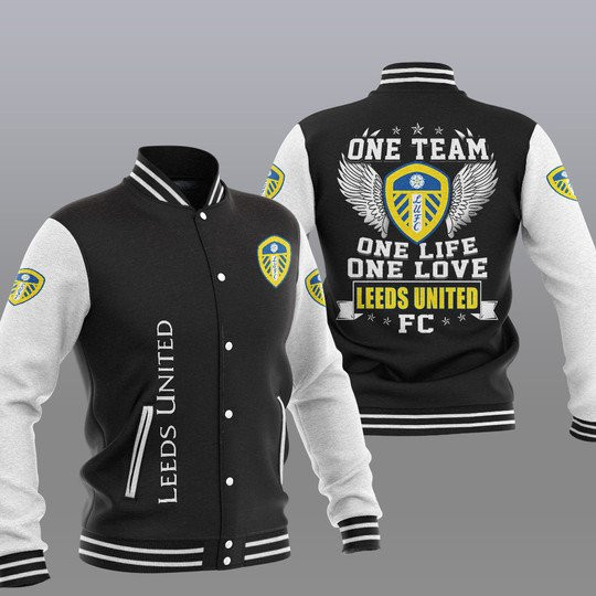 Leeds United One Team One Life One Love Black Baseball Jacket for Men & Women | Soccer Team Fan Gift
