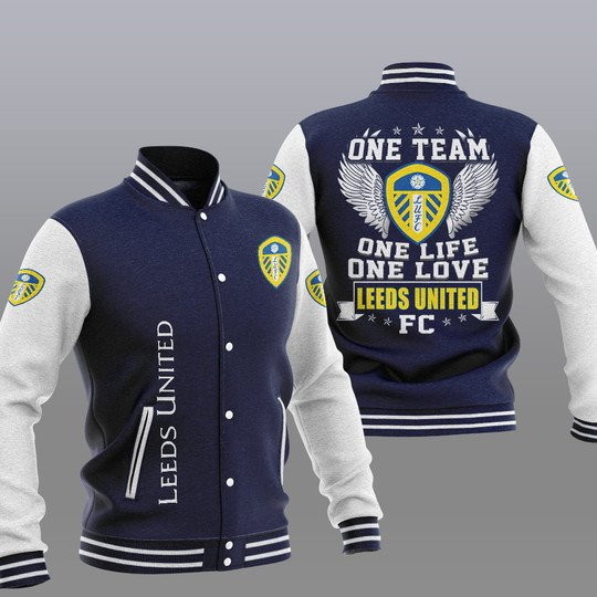 Leeds United One Team One Life One Love Dark Blue Baseball Jacket for Men & Women | Soccer Team Fan Gift