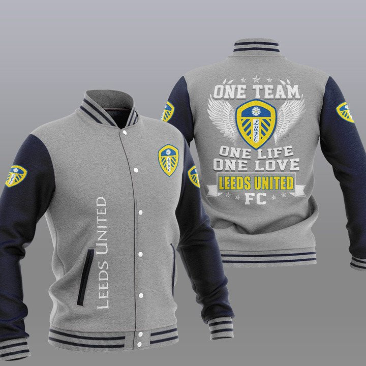 Leeds United One Team One Life One Love Gray Baseball Jacket for Men & Women | Soccer Team Fan Gift