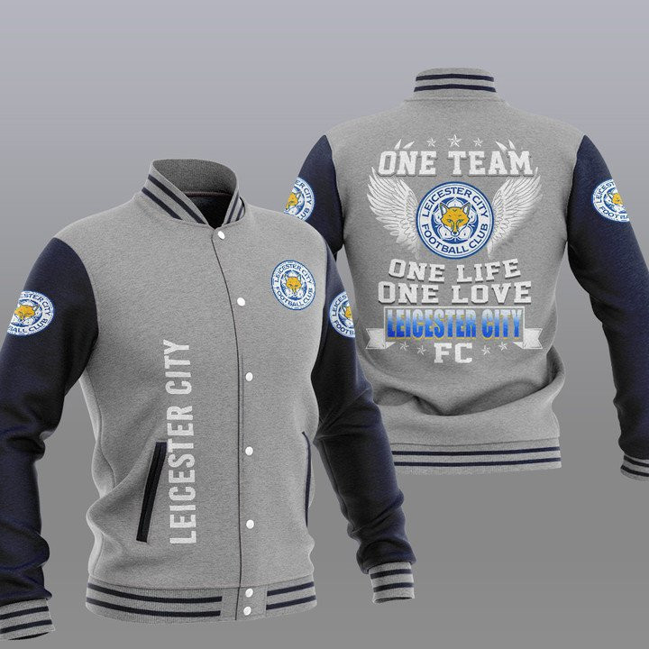 Leicester City FC One Team One Life One Love Grey Baseball Jacket for Men & Women | Soccer Team Fan Gift
