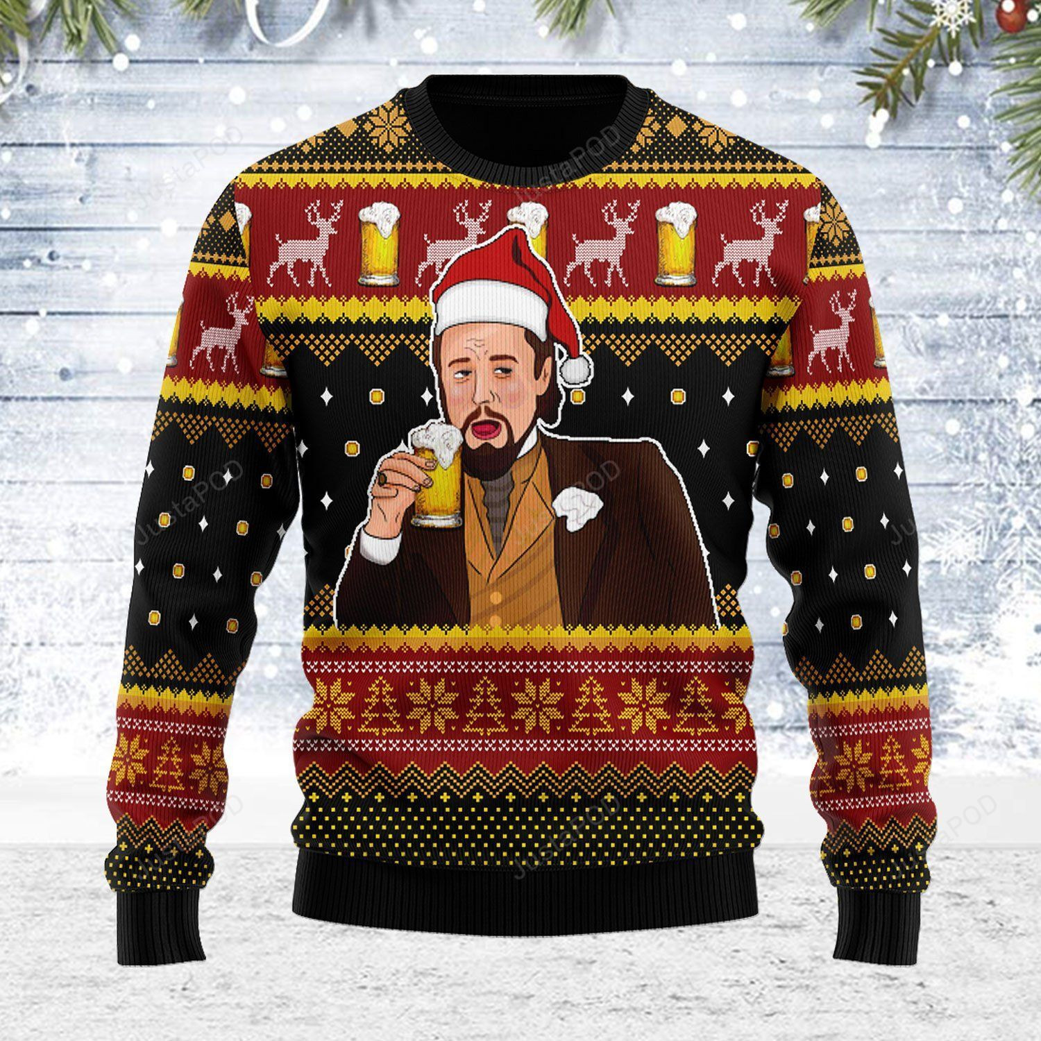 Leo Laughing Meme Drinking Bear Ugly Christmas Sweater, Perfect Holiday Gift
