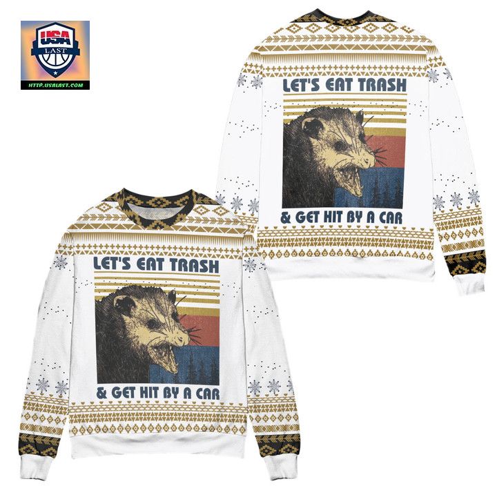 Lets Eat Trash Get Hit By A Car Opossum Ugly Christmas Sweater White