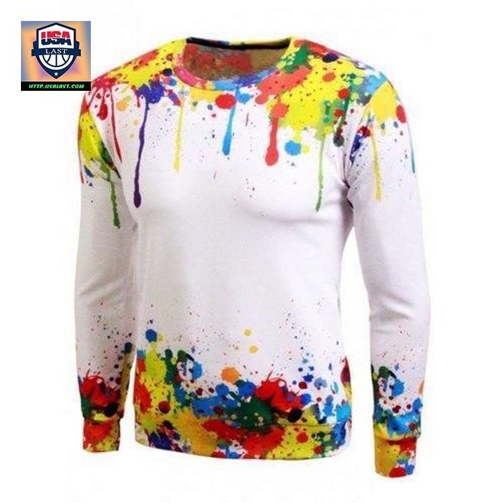 Long Sleeve Paint Splash Print Crew Neck Sweater White Xl Sh4165
