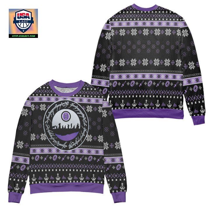 Lord Of The Rings Pattern Snowflake Ugly Christmas Sweater Black Purple