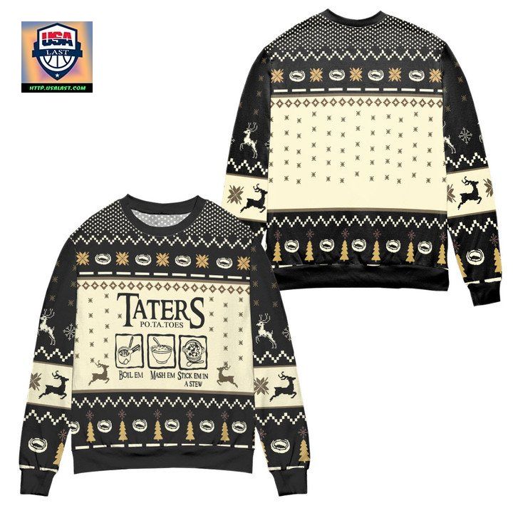 Lord of The Rings Taters Potatoes Recipe Pine Tree Reindeer Pattern Ugly Christmas Sweater Black