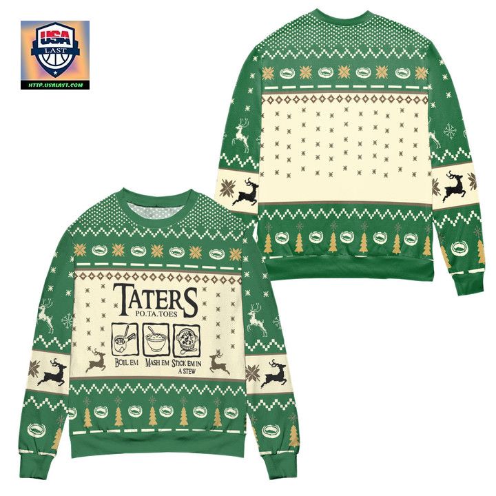 Lord of The Rings Taters Potatoes Recipe Pine Tree Reindeer Pattern Ugly Christmas Sweater Green