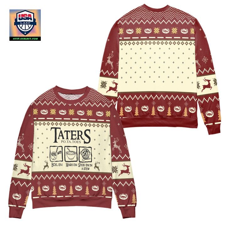 Lord of The Rings Taters Potatoes Recipe Pine Tree Reindeer Pattern Ugly Christmas Sweater Red