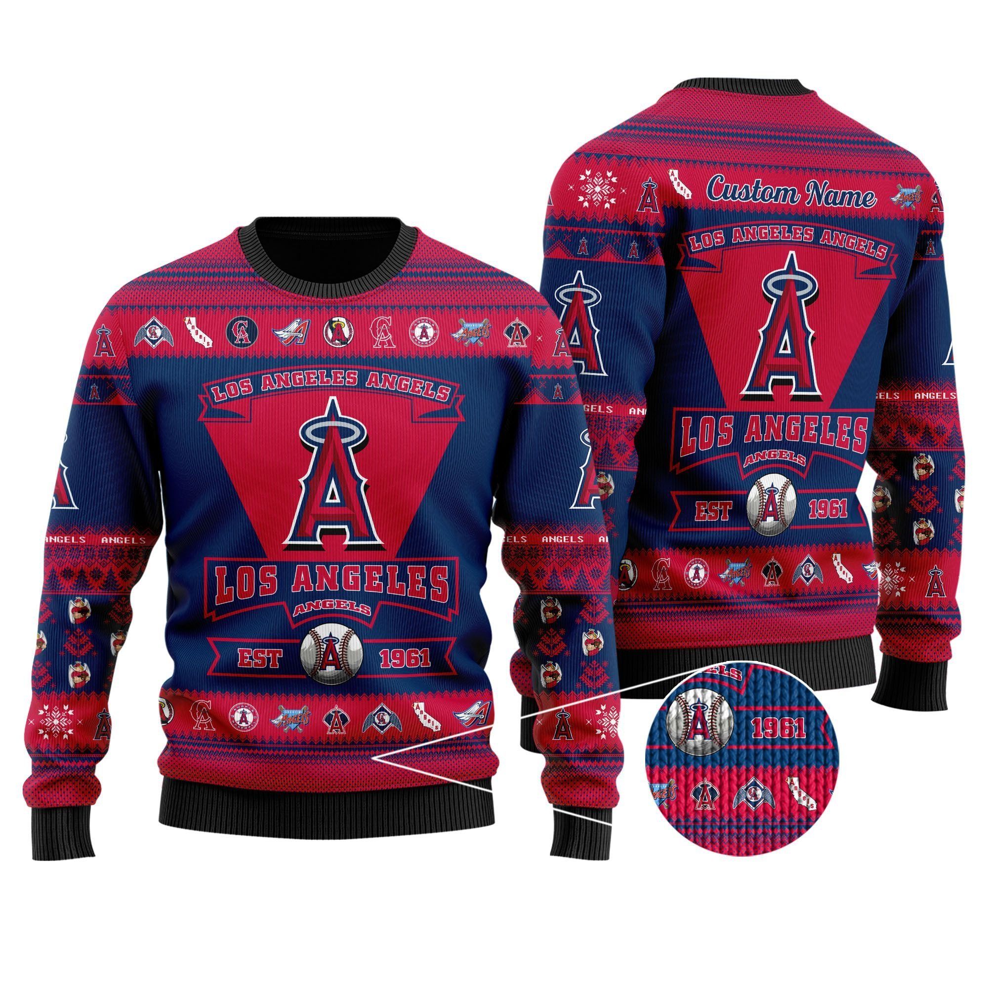 Los Angeles Angels Football Team Logo Custom Name Personalized Ugly Christmas Sweater Holiday Party Men Women Plus Size