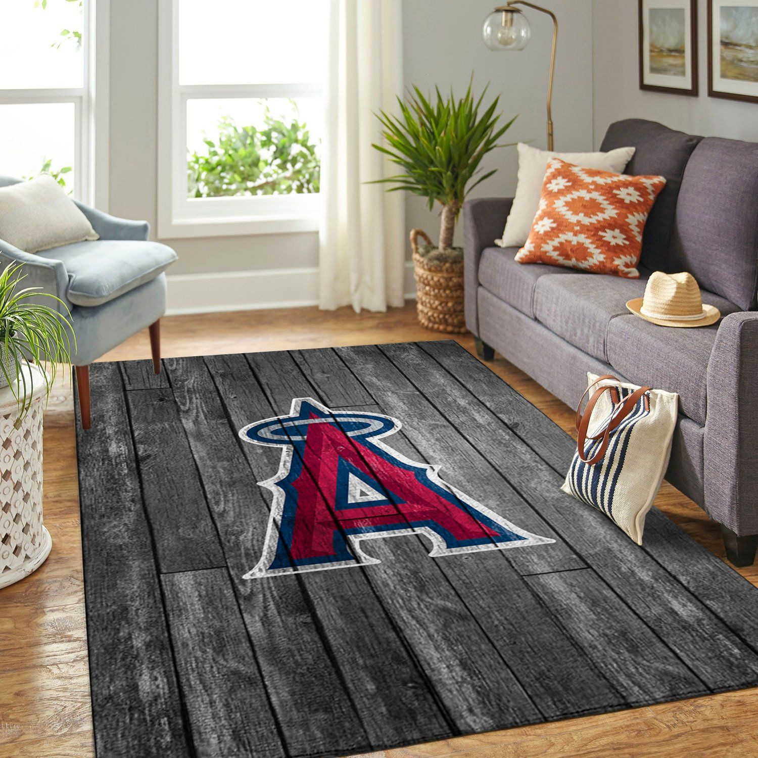 Los Angeles Angels Team Logo Grey Wooden Rectangle Area Rug – Full Print Carpet For Living Room & Bedroom Home Decor