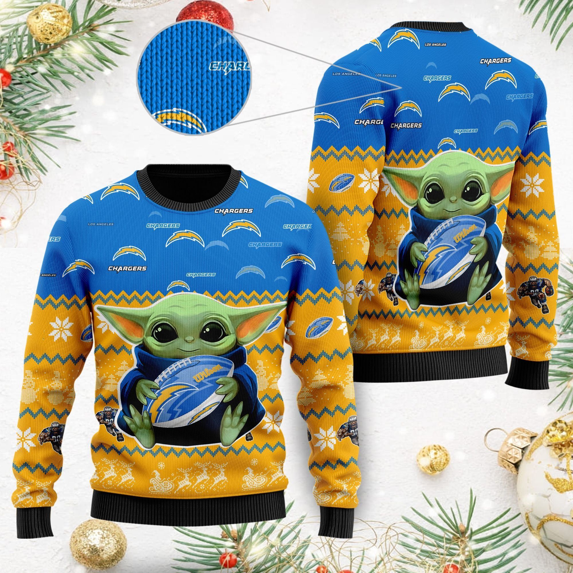 Los Angeles Chargers Baby Yoda Ugly Christmas Sweater For American Football Fans