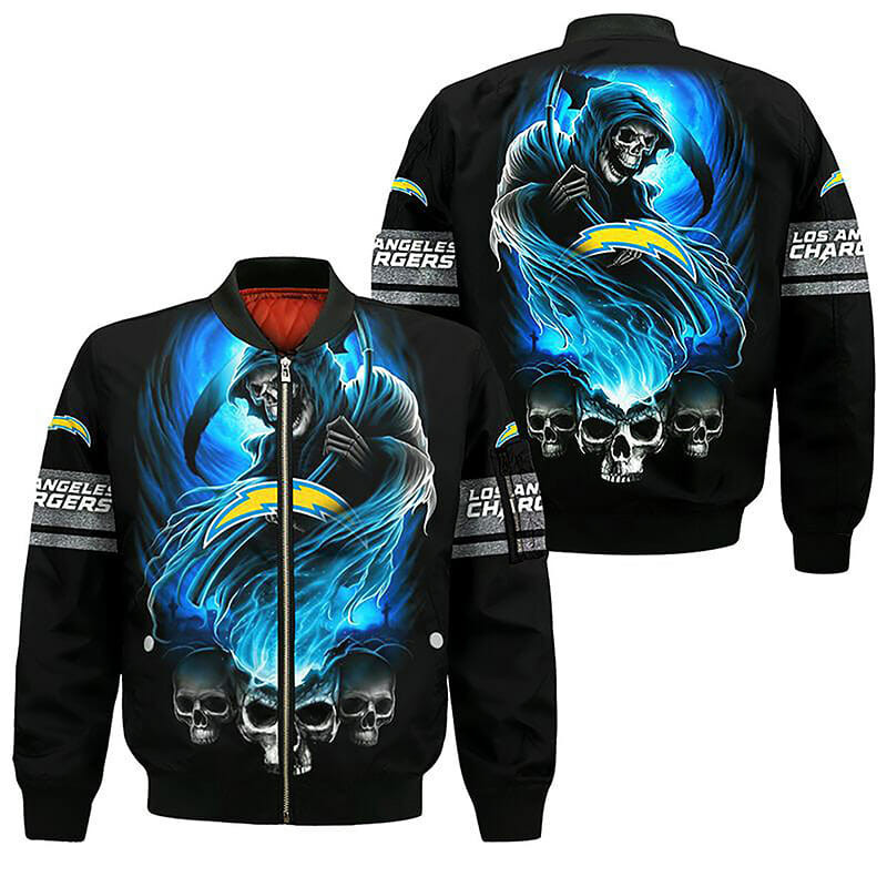 Los Angeles Chargers Black Blue Skull Bomber Jacket | NFL Team Jacket for Men & Women | Football Fan Gift