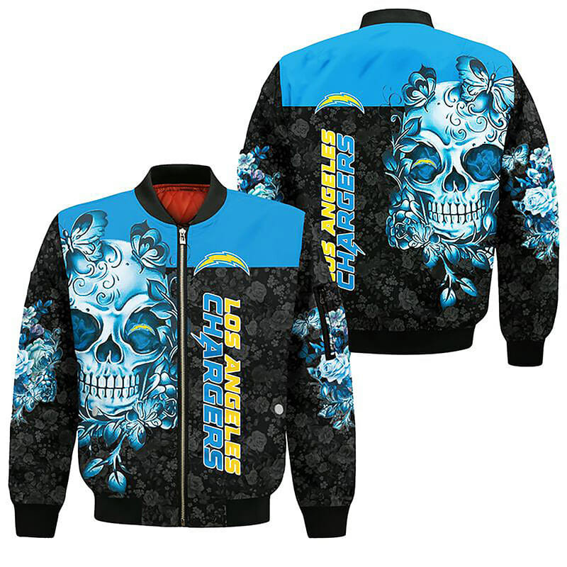 Los Angeles Chargers Black Blue Skull Bomber Jacket | NFL Team Jacket for Men & Women | Football Fan Gift