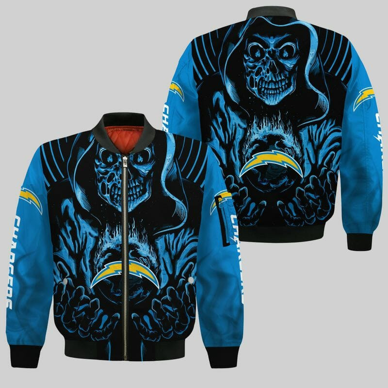 Los Angeles Chargers Blue Black Skull Bomber Jacket | NFL Team Jacket for Men & Women | Football Fan Gift