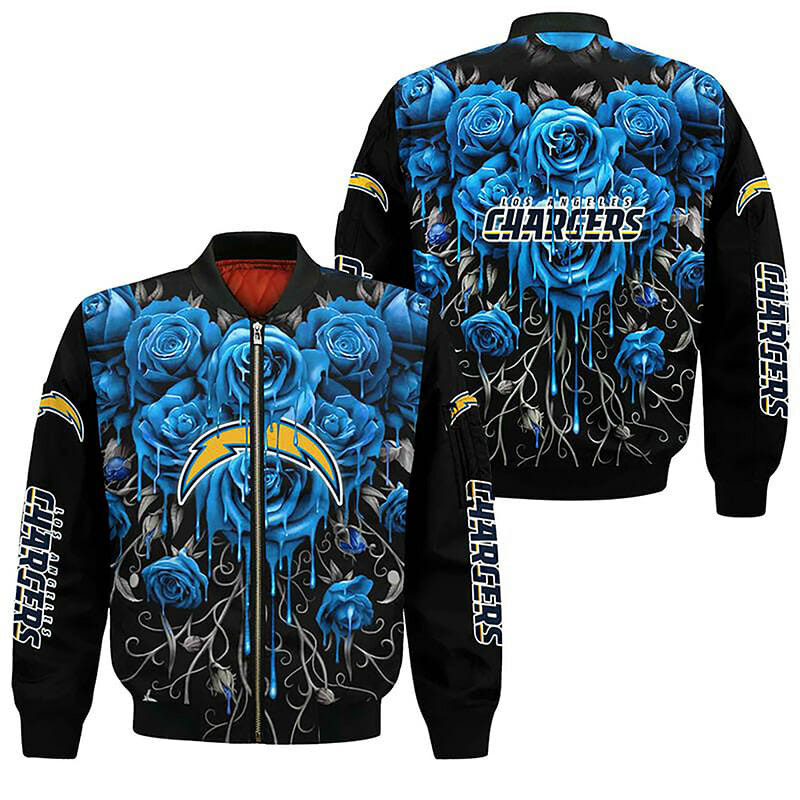 Los Angeles Chargers Blue Rose Black Bomber Jacket | NFL Team Jacket for Men & Women | Football Fan Gift