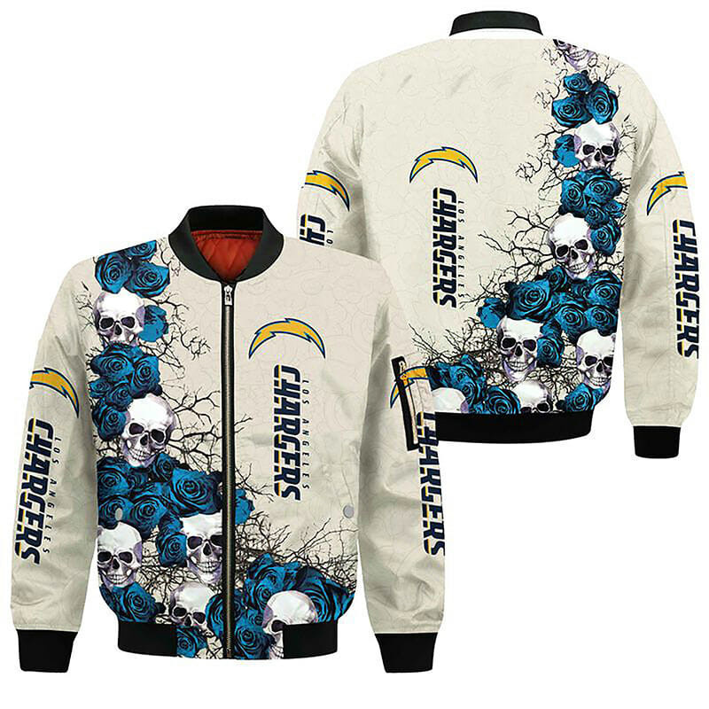 Los Angeles Chargers Creamy Blue Skull Bomber Jacket | NFL Team Jacket for Men & Women | Football Fan Gift
