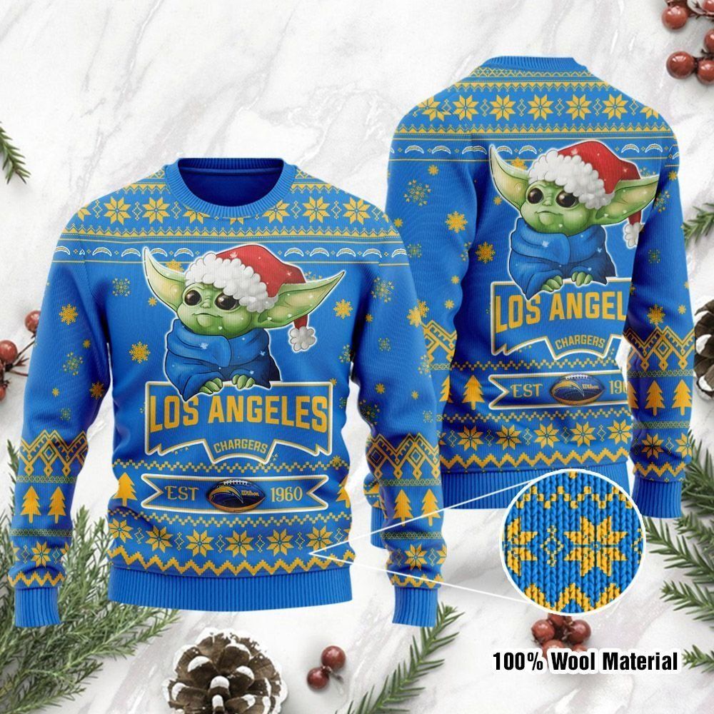 Los Angeles Chargers Cute Baby Yoda Grogu Ugly Christmas Sweater Holiday Party Men Women Full Plus Size