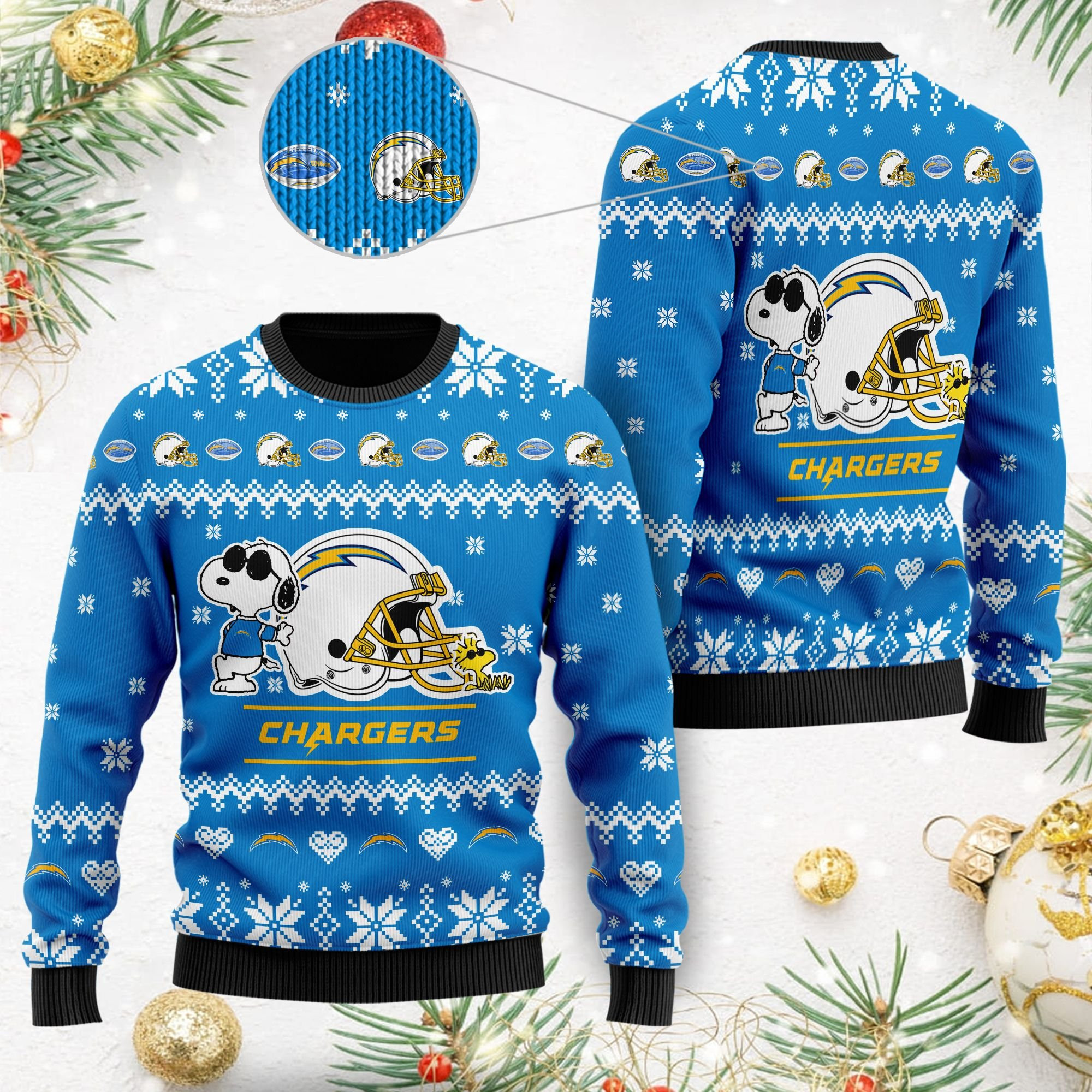Los Angeles Chargers Cute The Snoopy Show Football Helmet 3D Ugly Christmas Sweater Perfect Holiday Gift