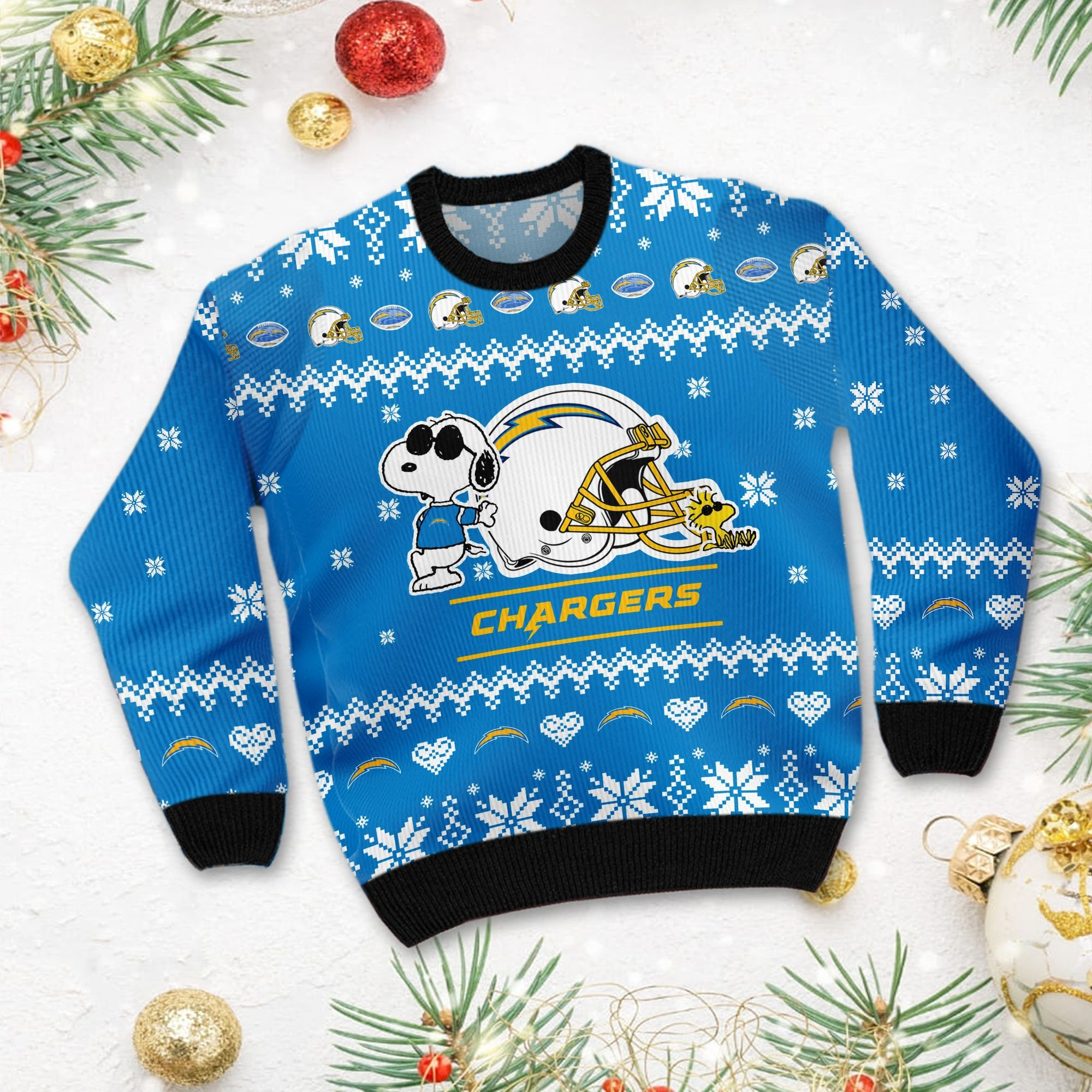 Los Angeles Chargers Cute The Snoopy Show Football Helmet 3D Ugly Christmas Sweater Perfect Holiday Gift - Image 3