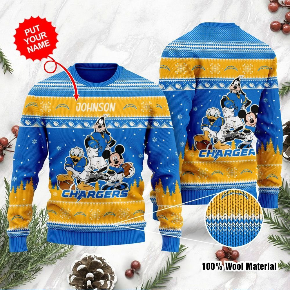 Los Angeles Chargers Disney Donald Duck Mickey Mouse Goofy Personalized Ugly Christmas Sweater Perfect Holiday Gift