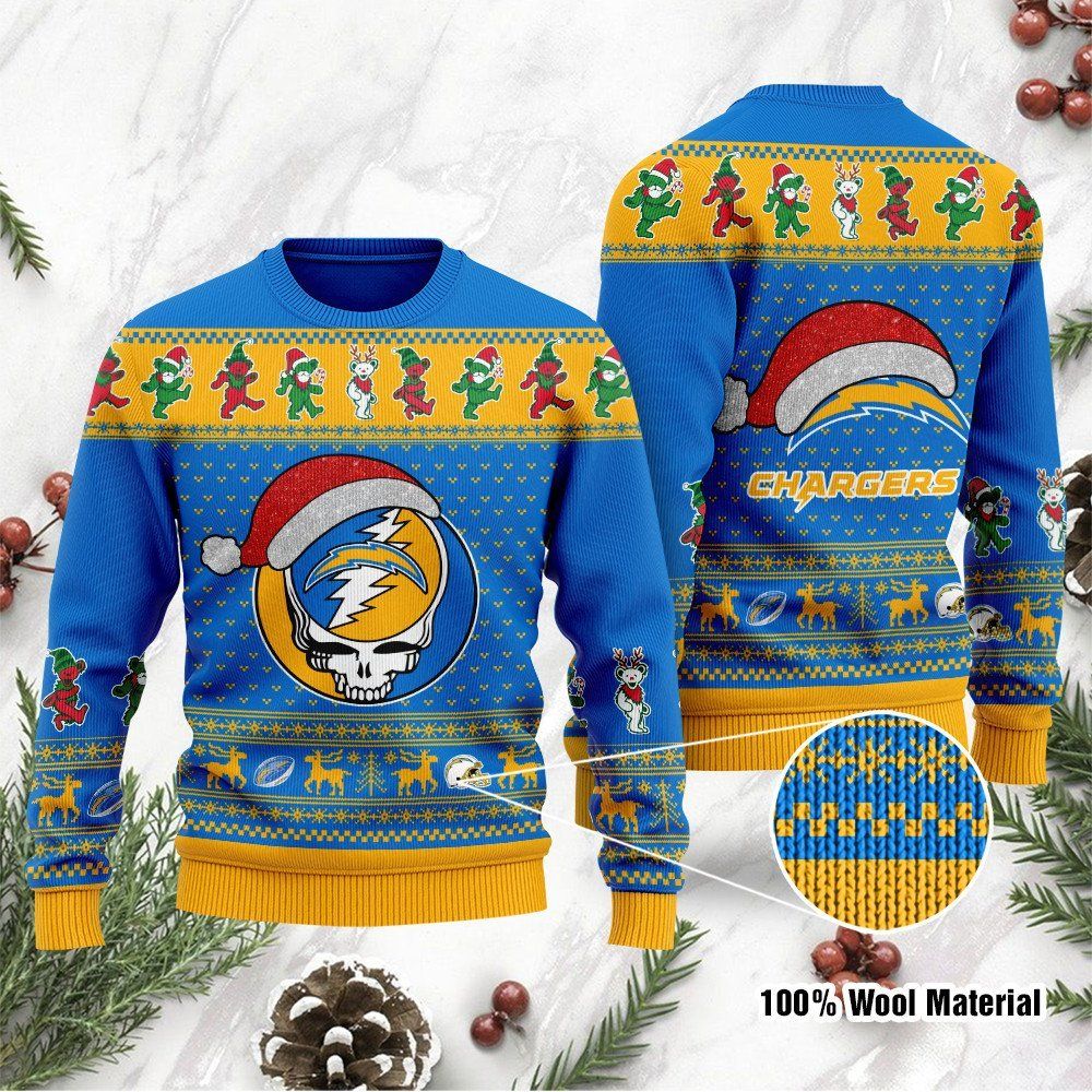 Los Angeles Chargers Grateful Dead SKull And Bears Custom Name Ugly Christmas Sweater NFL Football Christmas