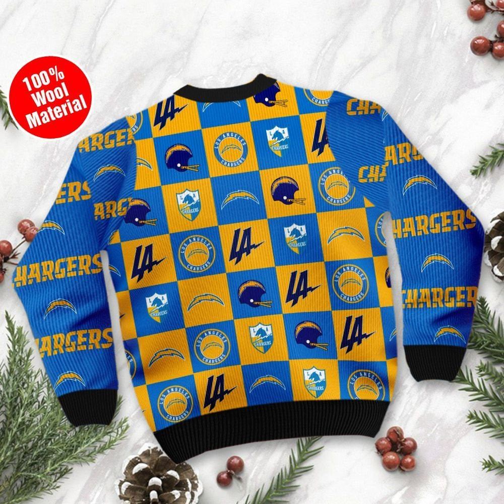 Los Angeles Chargers Logo Checkered Flannel Design Ugly Christmas Sweater Perfect Holiday Gift - Image 3