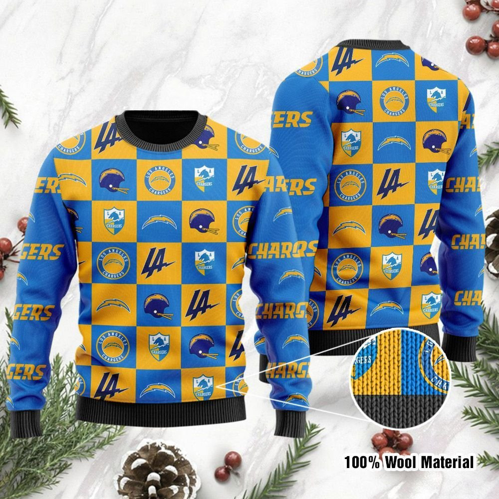 Los Angeles Chargers Logo Checkered Flannel Ugly Christmas Sweater, Perfect Holiday Gift